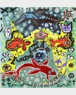 Colorful graffiti-style fish in a circular pattern with a red eye at the center  