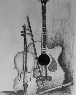Black and white drawing of a guitar, violin and flute