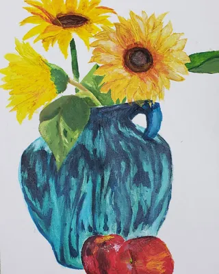 Brush painting of vase, sunflowers and apples