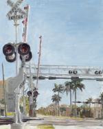Painting of a railroad crossing. 