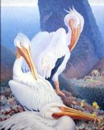 Painting of group of pelicans