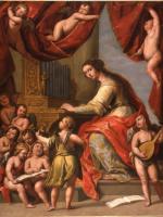 Woman at an organ with musical angels 